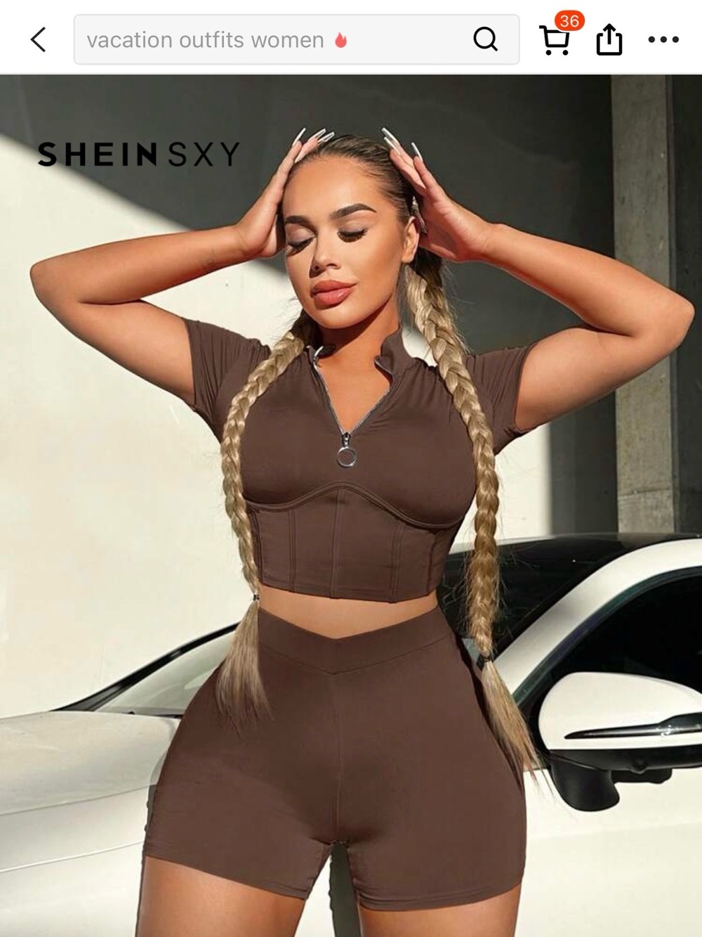 SHEIN Brown Zip-Front Cropped Top